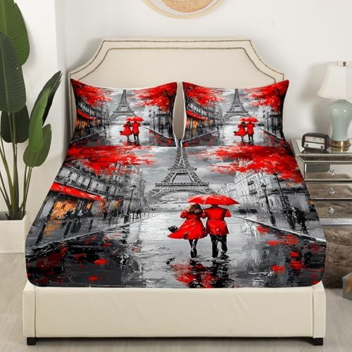 Red Paris Eiffel Tower Bed Sheets Queen Size, Paris Decor For Bedroom, French Style Couple Lover Flower Sheet For Girls Women Kids Fitted Sheet, Romantic Flat Sheet, 2 Pillowcases, Grey Black, 4Pcs - Image 4