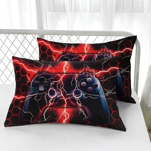 AILONEN Red Black Gaming Bed Sheet Set,Boys Queen Size Gamepad Video Game Bedding Set,Soft Lightweight 3 Pieces, 1 Fitted Sheet with 2 Pillowcases - Image 4