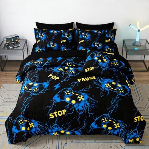 ZRNBAST 6-Piece Bed in A Bag Gamer Bedding Sets Full Size Blue Lightnings Gaming Comforter Set for Boys Teens Soft Lightweight Video Game Room Decor Home Quilt Set(Blue,Full) by ZRNBAST