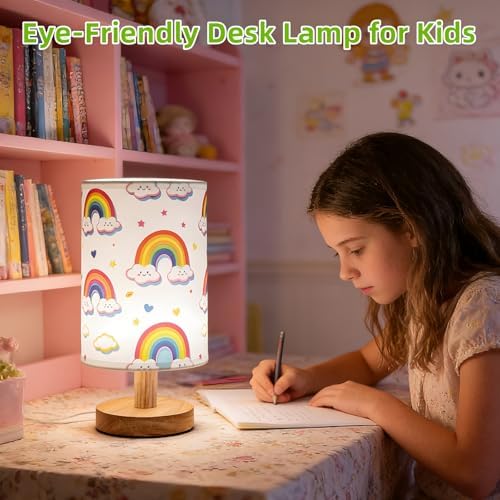 Rainbow Kids Table Lamp for Girls Bedroom Bedside,3 Color Dimmable Eye Caring Nightstand Night Light,Flaxen Fabric Shade Cute Rainbow Decor Desk Lamp for Home Girls Room Nursery,Birthday Gift for Girl - Image 5