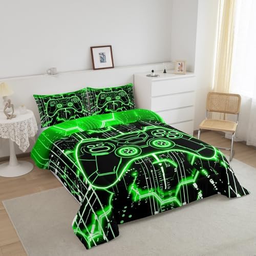 Feelyou Kids Green Gamer Comforter Set Full Size, Honeycomb Gaming Bedding Set Boys Girls Modern Game Console Comforter Game Teens Duvet Set Bedroom Decor 3Pcs - Image 3