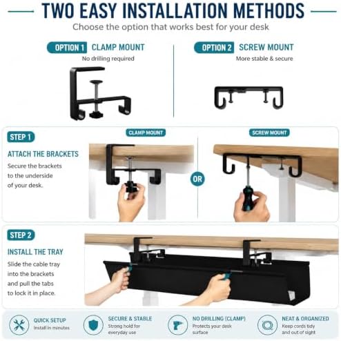 No Drill Under Desk Cable Management Tray, 90cm Cord Organizer for Table, Clamp/Screw Mount Desk Cable Management - Image 3