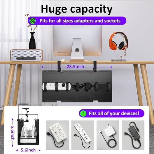Under Desk Cable Management Tray - Under Desk Cord Management - Clamp/Screw Mount - Fabric Wire Management - Cable Raceways Tray Cord Hiders for Office/Home (Black, 28.5×5.6") - Image 2