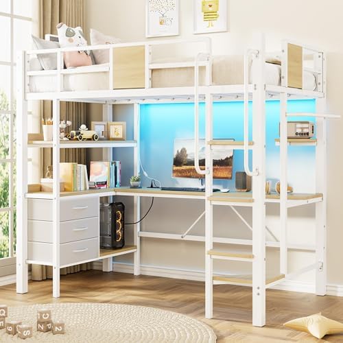 Garvee Twin Loft Bed with Desk and Stairs, Heavy Duty Loft Bed with RGB LED Lights, Charging Station, 3 Fabric Storage Drawers & 2 Open Shelves, No Box Spring Needed-White by Garvee