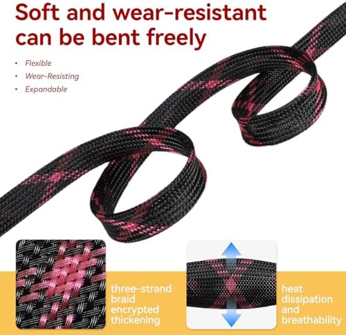 Braided Cable Sleeve, 16.4ft Expandable Mesh Cable Management Sleeve, Wear-Resistant Cord Protectors from Pets No Chew Flexible Wire Sleeving for Audio Video (Black and Pink, 3/8") - Image 3