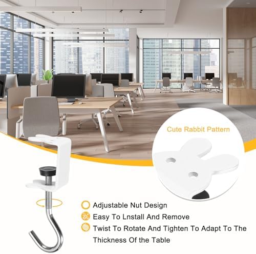 PATIKIL Desk Hook, 4Pcs Desk Mount Bag Holder Hook Rabbit J Hooks for Hanging Bag Backpack Under Desk Clamp Purse Adjustable Headphone Table Closet Door Under Counter, White - Image 5