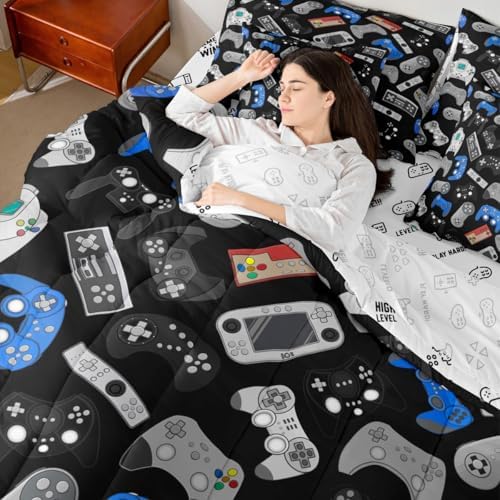 Erosebridal 7 Piece Gamer Comforter Sets for Boys King Size | Gaming Bedding Set Video Games Bed in A Bag Black Blue Gamepad Sheet Sets with Comforter Soft Microfiber for Bedroom Decor - Image 7