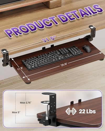 Ergonomic Keyboard Tray Under Desk, 25.6x11.8 Inch Board, Walnut - Image 2