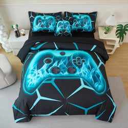 Boys Gamer Comforter Set Full Size Gaming Bedding Set with Sheets 6 Pieces Video Games Bed in A Bag Black Aqua Game Bed Sets for Kids Teens(Aqua, Full) by ZSYAYAHA