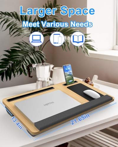 HETTHI Laptop Lap Desk, Portable Large Laptop Desk for Bed, Up to 17 in Lap Table with Wrist Rest, Mouse Pad, Tablet Phone Slot, Portable Handle, Cushion (Light Brown) - Image 2