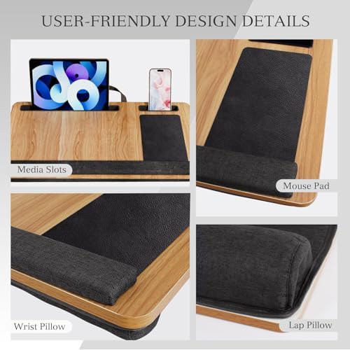 Portable Lap Desk for Laptop, Wood Lapdesk Bed Table with Handle Fits up to 15.6 inches Tray Table with Soft Pillow, Mouse Pad, Wrist Pad & iPad/Phone Slots, Laptop Stand 21.6 x 13.4in-Walnut - Image 2