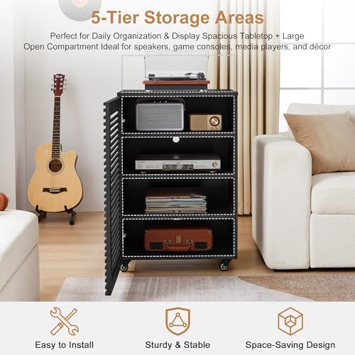 LEVNARY 5-Tier AV Media Cabinet with Grille Door, Modern Wooden Stereo Rack with Adjustable Shelves & Wheels, Audio Video Cabinet for Living Gaming Room Recording Studio (Black) - Image 6
