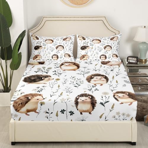 Erosebridal Cute Hedgehog King Size Sheet Set, Animal Pattern Sherpa, 4 Piece Set, Microfiber, Breathable, Unique Kawaii Leaves Branch Design Decor - Image 4