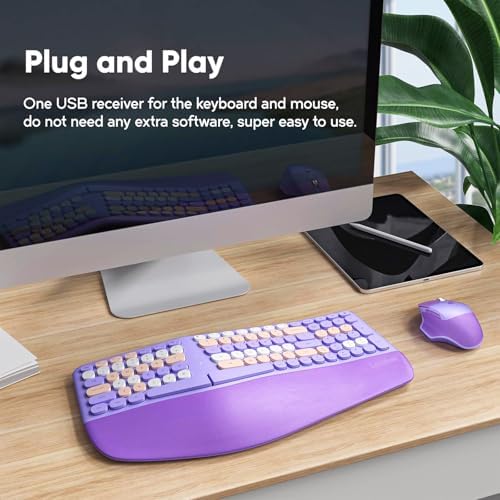 Wireless Ergonomic Keyboard and Mouse Combo with PU Wrist Rest, Carpal Tunnel Keyboard, 2.4G Colorful Split Ergo Keyboard, Comfortable Natural Typing, Compatible with PC/Laptop (Purple) - Image 5