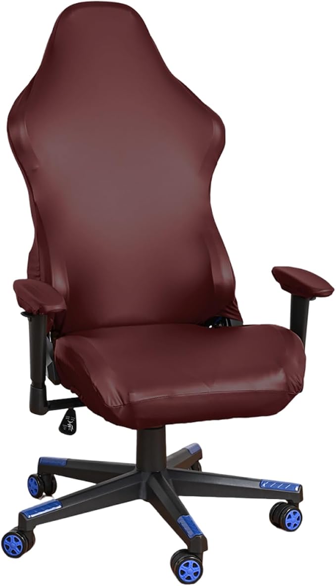 Waterproof PU Leather Gaming Chair Cover, Ergonomic Office Computer Game Chair Slipcovers, 4pcs Set Anti-Slip Stretchy Covers for Reclining Racing Gaming Chair (Wine Red) by Unknown