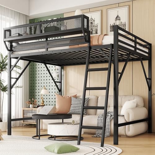 KEIKI Full Size Metal Loft Bed Frame with Ladder and Built-in Storage Shelves, for Teens, Modern Style Loft Bed with Solid Slats, Guardrail, No Box Spring Required, Easy Assembly, for Bedroom, Black by KEIKI