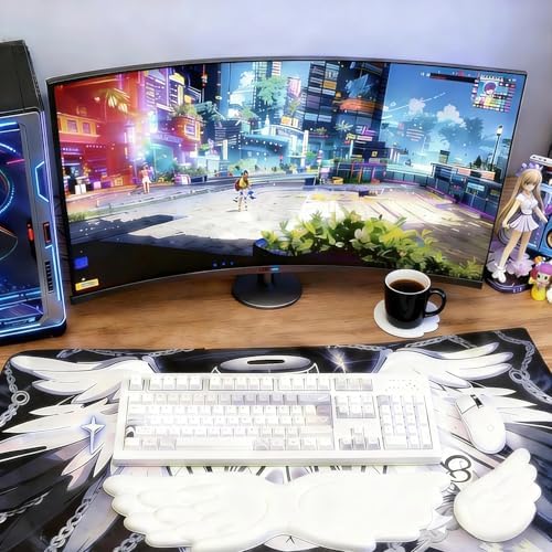 Angel Wing Wrist Rest Ergonomic Memory Foam Wrist Rest for Computer Keyboard Mouse Set with Cup Mat, Cute Gaming Keyboard Cushion Hand Support PU Leather Surface Anti-Slip Waterproof（White） - Image 2