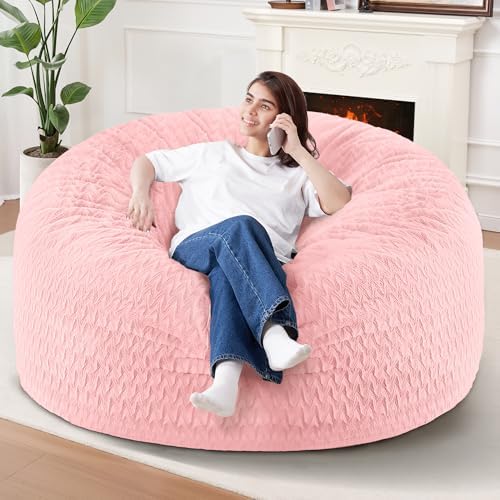 5FT Bean Bag Chair,Giant Bean Bag Chairs for Adults,Big Bean Bags with Memory Foam Filled, Large Beanbag Chairs with Chevron Plush Cover-Soft Pink by HABUTWAYMakeYourLifeComfortable