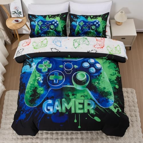 NTBED Game Console Comforter Set for Boys Girls Kids Tie Dye GamingLightweight Microfiber Gamer Bedding Sets (Blue Green, Full 5Pcs) by NTBED