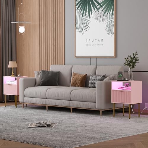 JOONEE Modern Nightstand with Charging Station and LED Lights, White Bedside Table with Drawer, Fluted Side Table for Living Room, Bedroom - Image 3