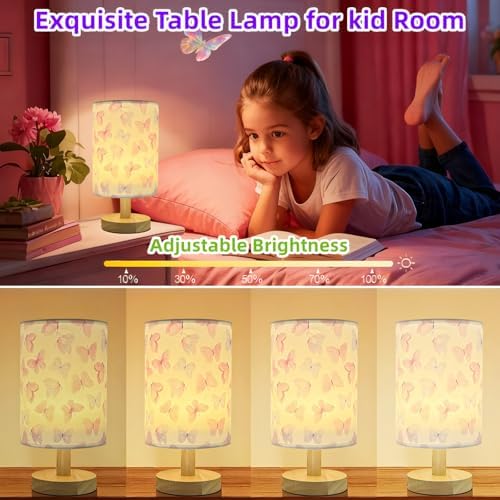 Butterfly Kids Table Lamp for Bedroom,Kids Bedside Lamps 3 Colors Dimmable Nightstand Night Light with Cartoon Flaxen Fabric Shade Desk Lamp for Girls Boys Room Nursery Decor,Butterfly Gifts for Girls - Image 3