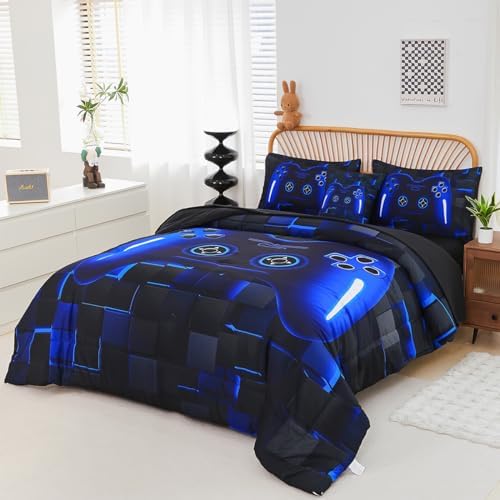 PERFEMET 6 Pieces Gamer Comforter Sets Kids Queen Size Blue Gamer Comforter Bed in A Bag for Boys Teen 3D Cool Video Gaming Black Bedding Set(Blue, Queen) - Image 2