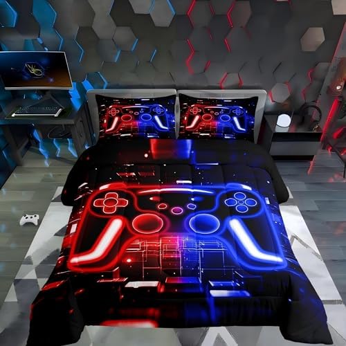 Gamer Comforter Set Gaming King Bedding Set, Neon Lights Video Game Console Comforter Red Blue Brick Cube Duvet Insert,Gaming Room Decor for Boys by Erosebridal