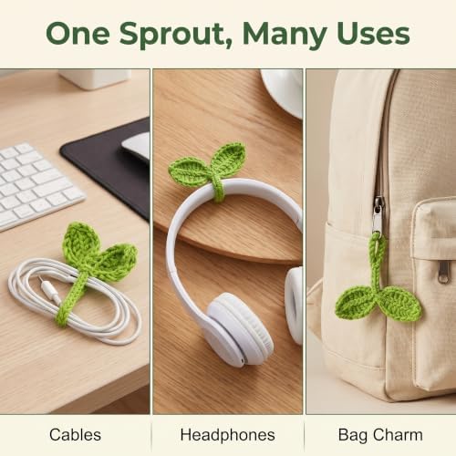 Green Crochet Leaf Sprout, Lucky Handmade Knitted Sprout Headphone Accessories, Leaf Headset Attachment, Multi-Functional Cute Cable Tie Crocheted Knitting Plant Bookmark Gift for Book Lovers - Image 5
