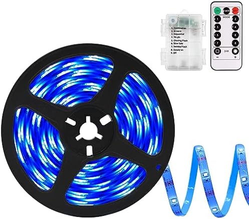 echosari Blue Led Strip Lights Waterproof Battery Operated with Remote, 8 Modes, Dimmable, Timer, Self-Adhesive, Cuttable, 3M 90Led Battery Strip Led Light for Indoor Outdoor Decor by echosari