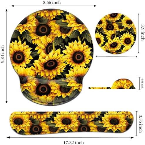 Keyboard Wrist Rest and Mouse Pad Wrist Support Set with Coaster,Ergonomic Mouse Pad,Comfortable for Easy Typing, Pain Relief,Memory Foam Keyboard Pad Set for Laptop Mac,Cute Yellow Sunflowers - Image 2