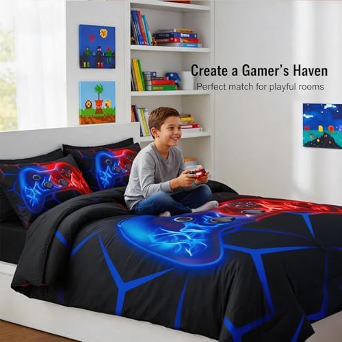 ZRNBAST 6-Piece Gamer Comforter Set Queen Size Red and Blue Gaming Bedding Sets for Boys with Sheets Soft Fluffy Game Console Design Bed in a Bag (Red Blue, Queen) - Image 5