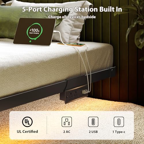 Floating Bed Frame Queen Size, Smart LED Lights & Charging Station, 9.45" High Clearance, Mattress Slide Stopper, Noise-Free, No Box Spring Needed, Easy Assembly - Image 5
