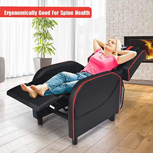 POWERSTONE Gaming Recliner Chair, Reclining Gaming Chairs for Adults Ergonomic Leather Sofa with Footrest Lumbar Support Headrest and Side Pouch for Living Room Home Theater, Red - Image 4