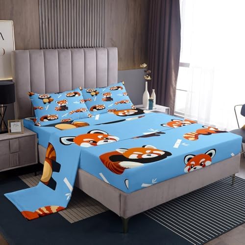 Erosebridal Red Panda Sheet Set Kawaii Fitted Sheet Full Size Cute Animal Pattern Flat Sheet for Kids Boys Girls Cartoon Panda Printed Bed Sheet Set Wildlife Style Top Sheet Child Bedroom Decor Blue by Erosebridal