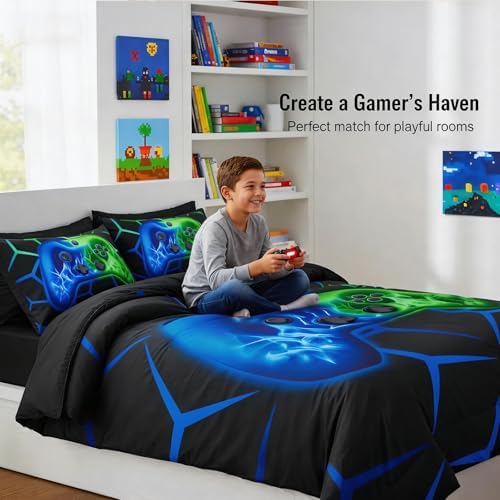 ZRNBAST Blue Green Gamer Comforter Set Full Size Boys Gaming Bed in a Bag - Image 4