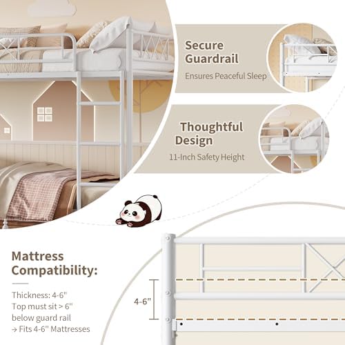 Garvee Twin Over Twin Bunk Bed with Stairs, Heavy Duty Metal Construction & High Guardrail, Sturdy Steel Slats Support, No Box Spring, Space Efficient, White - Image 3