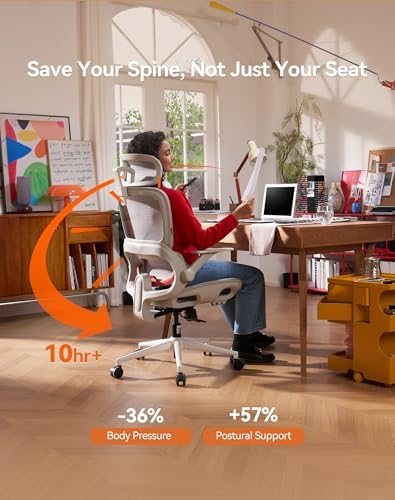 SIHOO B100 Office Chair, Comfy Ergonomic Office Chair, High Back Computer Chair with Adaptive Lumbar Support & wide Headrest, Flip-up Armrests, Swivel Desk Chair for Long Hours, WITHOUT Footrest, Grey - Image 4