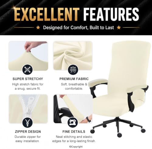 DIVA EN CAMINO DEC Stretch Computer Office Chair Cover with Armrest Covers Durable Zipper Universal Spandex Rotating Boss Chair Slipcovers Anti-dust Soft Desk Chair Seat Protector, Cream - Image 4