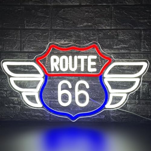 Route 66 Neon Sign Vintage Route 66 Garage Wall Decor Dimmable Us High Way Led 66 Road Sign for Man Cave Garage Neon Lights for Bedroom Party Gift by Gevbay