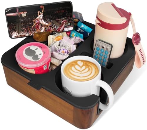 Couch Cup Holder Tray, Real Acacia Wooden Caddy with Soft Silicone, Snack and Drink Organizer- Perfect Movie Night Accessories for Bed, Remote and Cup Holders for Sofa (Black) by CouchBuddy