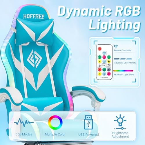 LED Gaming Chair with Speakers RGB Lights Massage Computer Chairs-Sky Blue | Bluetooth Game Chairs for Adults;Ergonomic High Back Video Game Chair; Reclining Gamer Chair with Footrest Lumbar Support - Image 5
