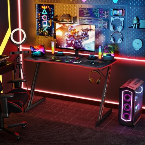 BestOffice 39" Gaming Desk Computer Gaming Desk Z Shaped Gaming Workstation Ergonomic Gaming Table with Headphone Hook for Game Players,Black&Red - Image 2