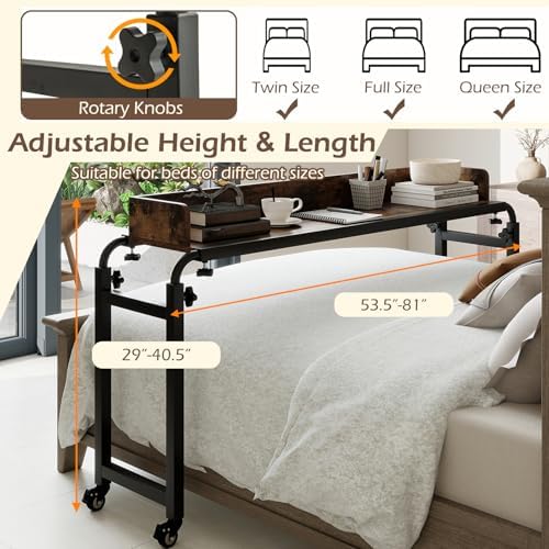 Tangkula Overbed Table with Wheels, Queen Size Mobile Bed Desk with Adjustable Height & Length, Rolling Computer Desk with Metal Frame, Laptop Cart for Bedroom, Living Room, Hospital (Rustic Brown) - Image 4