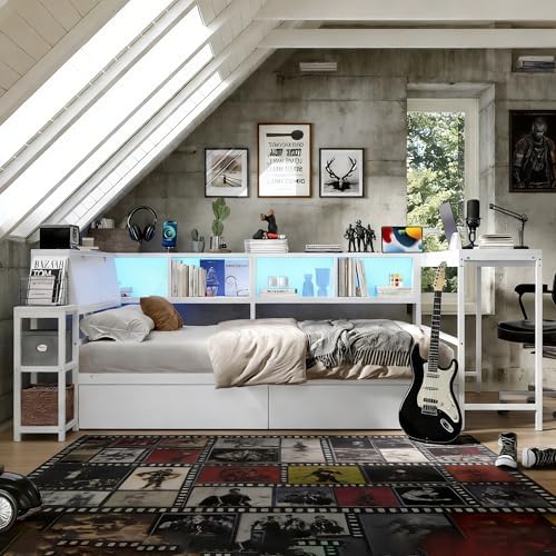 Bellemave Twin Size Corner Bed Frame with Storage Drawers, Bookcase and Side Desk, Twin Corner Bed with Light and Charging Station, Daybed for Bedroom, Living Room, Guest Room White - Image 3