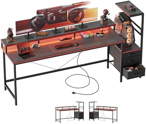 68" Reversible Gaming Desk with Drawers, Large Computer Desk, Black by MERICONIA