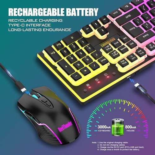 RedThunder K10 Wireless Gaming Keyboard and Mouse Combo, RGB Backlit Rechargeable 3800mAh Battery, Mechanical Feel Anti-ghosting Keyboard with Pudding Keycaps + 7D 3200DPI Mice for PC Gamer (Black) - Image 4