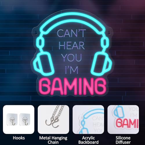 YuanDian Gaming Headset Neon Sign, Can't Hear You I'm Gaming LED Neon Lights for Game Room Wall Decor for Boys Men Teen Gamers - Image 4