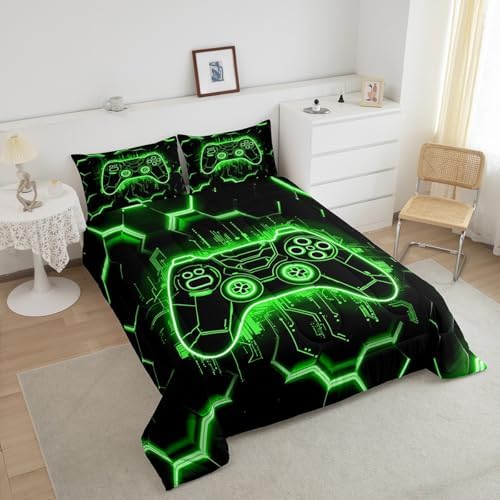 Feelyou Kids Green Gamer Comforter Set Twin Size, Honeycomb Gaming Bedding Set Boys Girls Modern Game Console Comforter Gamepad Teens Duvet Set Bedroom Decor Bed Set 2Pcs - Image 4