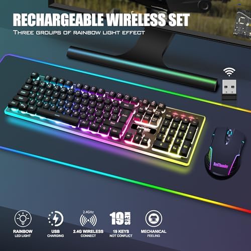 RedThunder K10 Wireless Gaming Keyboard and Mouse Combo, LED Backlit Rechargeable 3800mAh Battery, Mechanical Feel Anti-ghosting Keyboard + 7D 3200DPI Mice for PC Gamer (Black) - Image 2