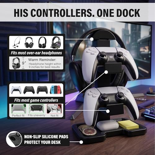 Gaming Equipment Headset Stand with Dual Controller Organizer Rack & Storage Base, Headphone Stand Gamer Gifts for Men Teenage Boy, Unique Gifts for Gamers to Organize Gaming Accessories (Black Wood) - Image 3